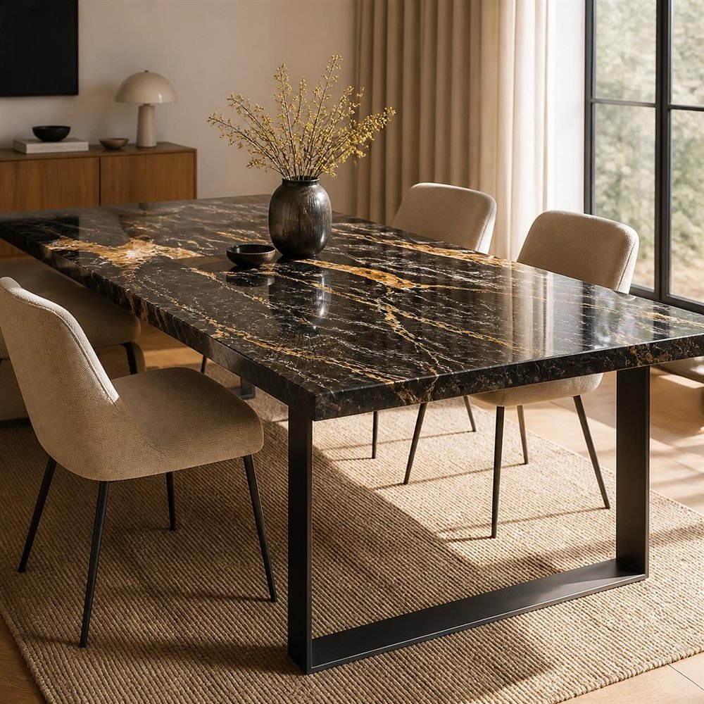 Concept generato con IA di un tavolo da pranzo con spesso piano in granito nero e oro su gambe in acciaio nero. Non è una foto di un ordine Venora Stone