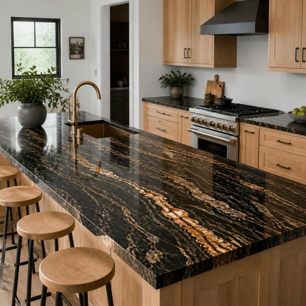 Concept generato con IA di un'isola da cucina con piano in granito nero venato d'oro. Non è una foto di un ordine Venora Stone