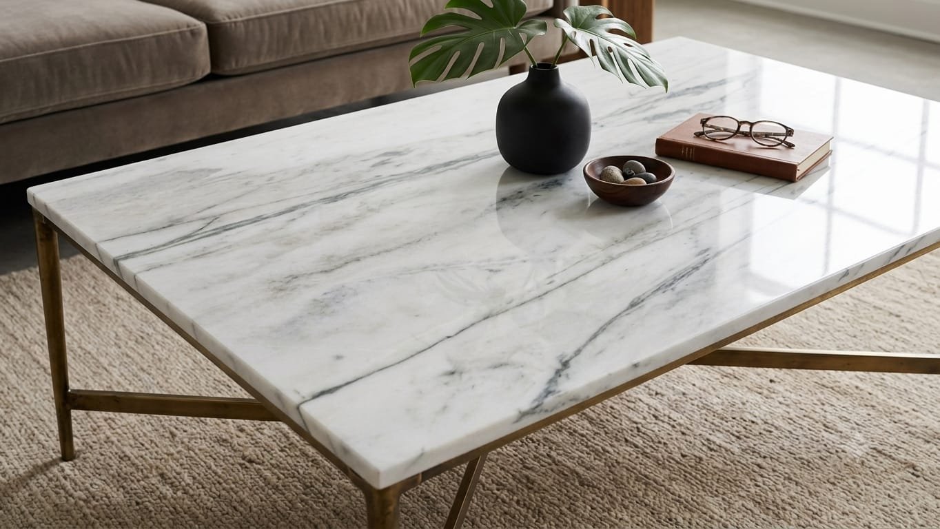Concept generato con IA di un piano per tavolino in marmo bianco su struttura in ottone. Non è una foto di un prodotto Venora Stone