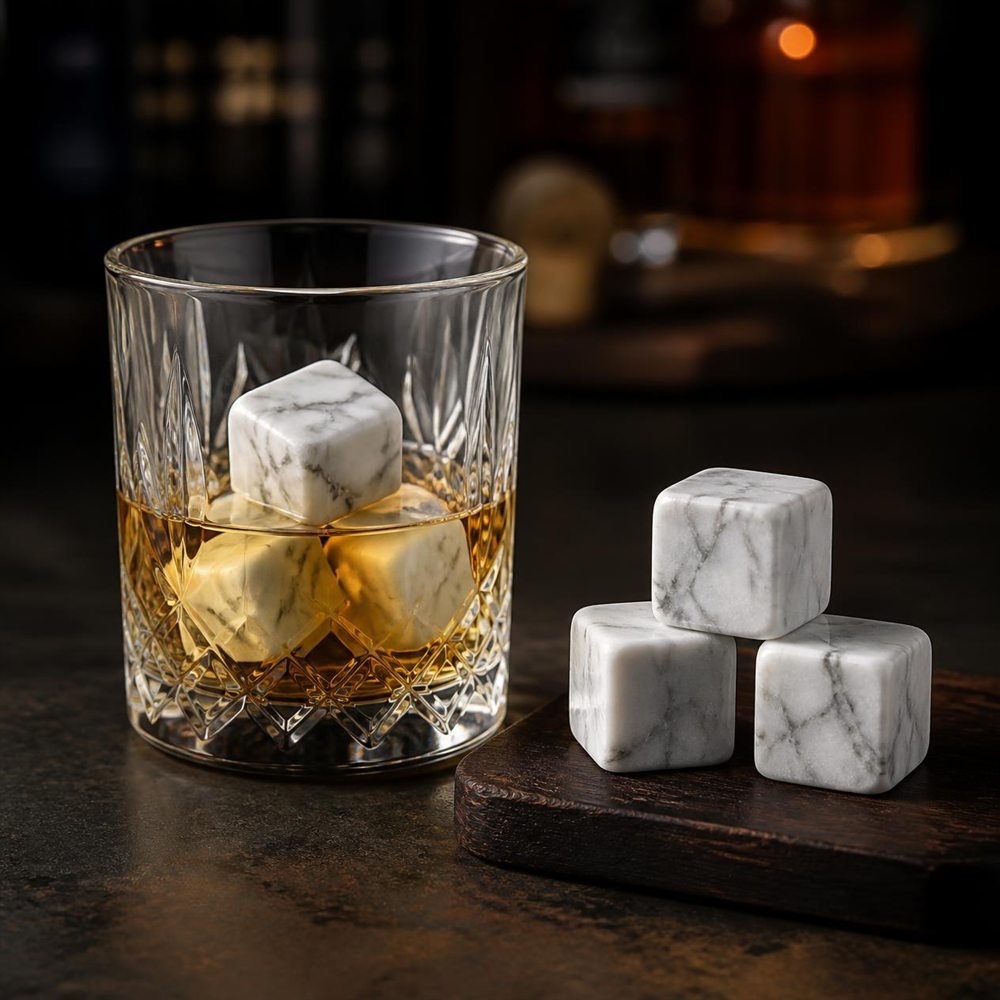 Concept generato con IA di pietre da whisky in marmo bianco in un bicchiere di cristallo e su un tagliere di legno. Non è una foto di un prodotto Venora Stone