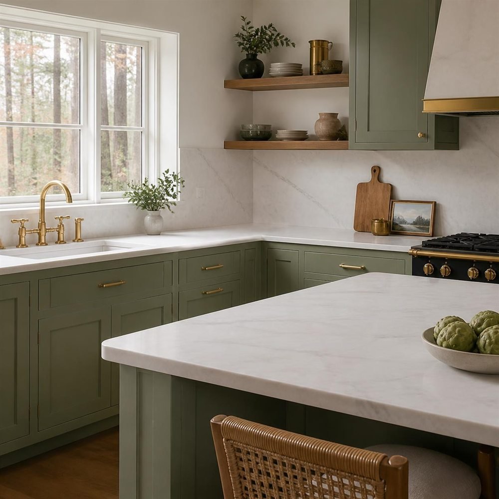 Concept generato con IA di una cucina con piani di lavoro e alzatina in marmo bianco. Non è una foto di un ordine Venora Stone