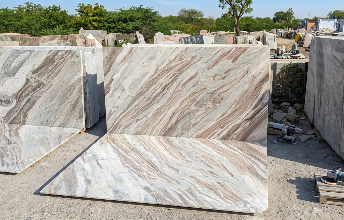 Book-matched Indian marble slabs with brown and white diagonal veining in a partner stone yard in Rajasthan